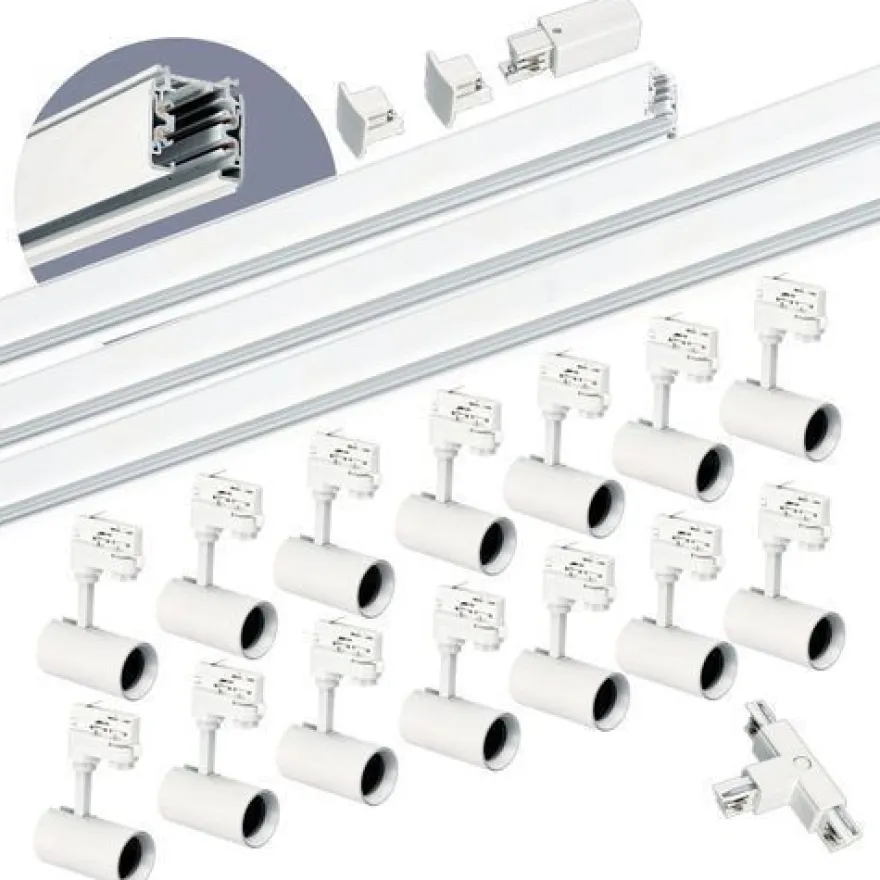 Schienensystem Komplett-Set 1m + 2m + 2m 14xLampe T-Verbinder Netzteil, Kappe Weiß