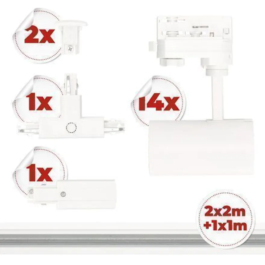 Schienensystem Komplett-Set 1m + 2m + 2m 14xLampe T-Verbinder Netzteil, Kappe Weiß