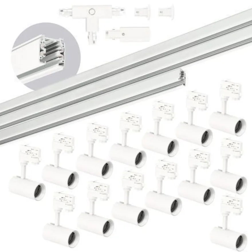 Schienensystem Komplett-Set 1m + 2m + 2m 14xLampe T-Verbinder Netzteil, Kappe Weiß