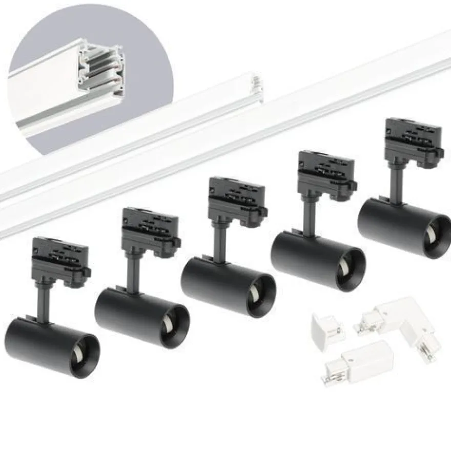 Schienensystem Komplett-Set weiße Schiene 2m+1m, 5x L-Lampe Schwarz, L-Weiche