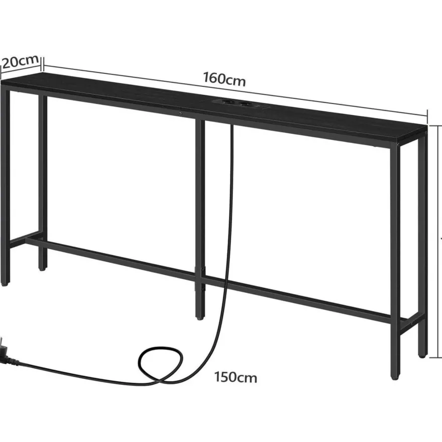 Schmaler Konsolentisch mit USB-Ladestation, 160 cm, Schwarz - Wohnzimmer Flur