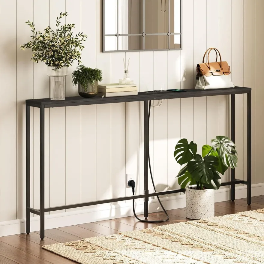 Schmaler Konsolentisch mit USB-Ladestation, 160 cm, Schwarz - Wohnzimmer Flur