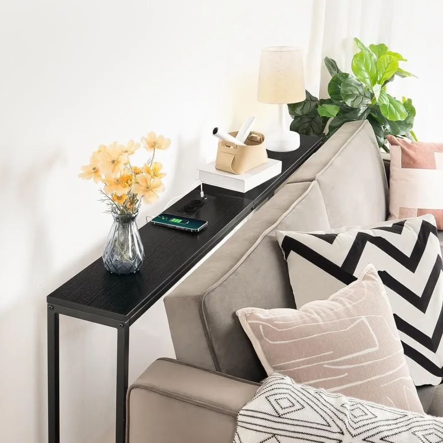 Schmaler Konsolentisch mit USB-Ladestation, 160 cm, Schwarz - Wohnzimmer Flur