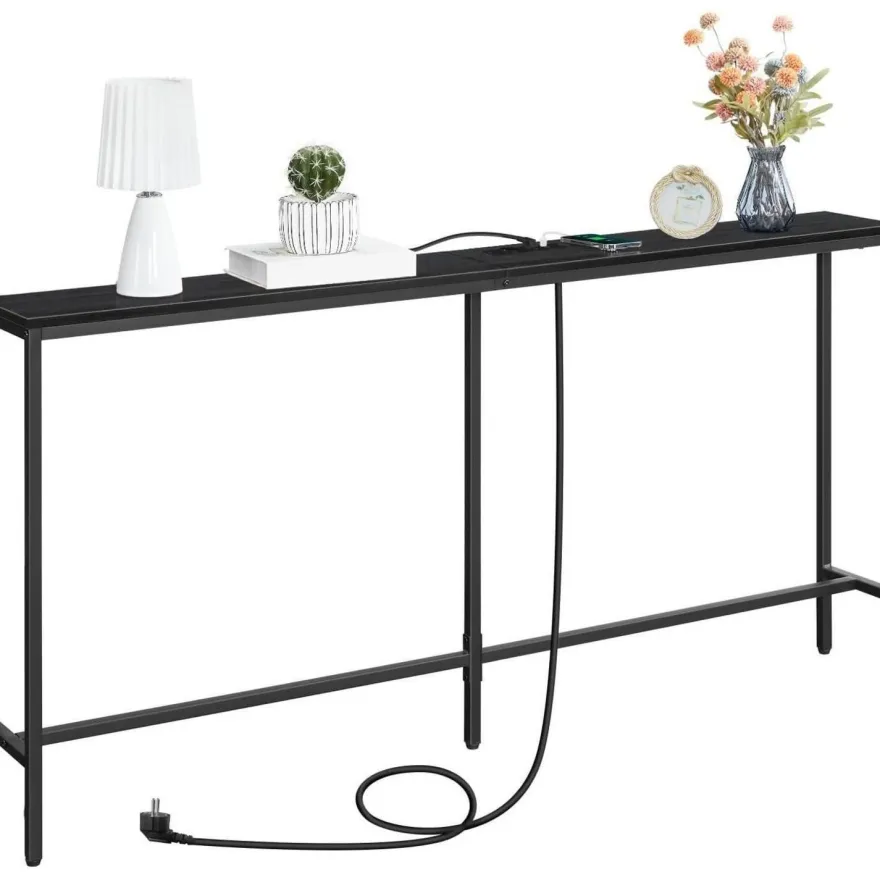 Schmaler Konsolentisch mit USB-Ladestation, 160 cm, Schwarz - Wohnzimmer Flur