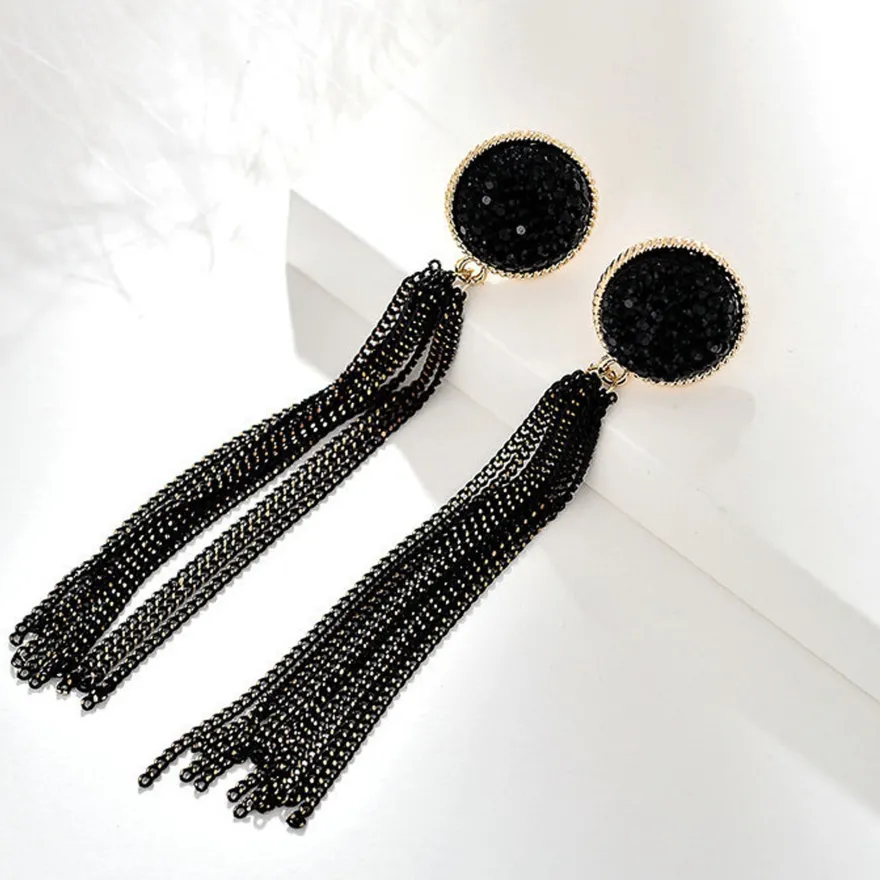 Schmuck, Damenohrringe, lange schwarze Ohrringe mit Quasten