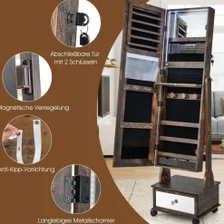 Schmuckschrank mit 3 Spiegeln, Schmuckspiegel verstellbar mit Schublade & Rollen