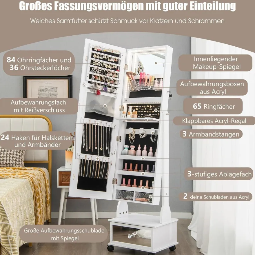 Schmuckschrank mit 3 Spiegeln, Schmuckspiegel verstellbar mit Schublade & Rollen