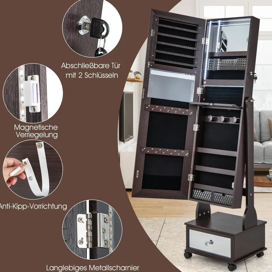 Schmuckschrank mit 3 Spiegeln, Schmuckspiegel verstellbar mit Schublade & Rollen