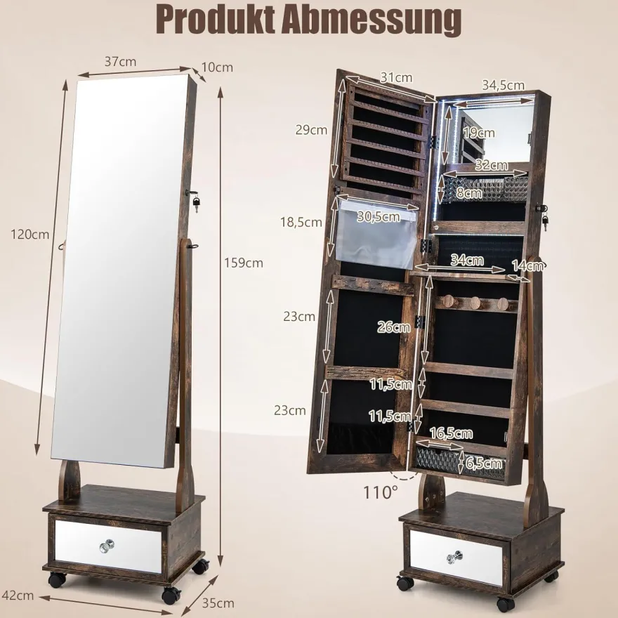 Schmuckschrank mit 3 Spiegeln, Schmuckspiegel verstellbar mit Schublade & Rollen