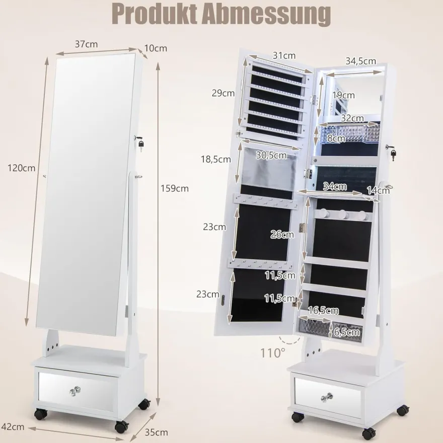 Schmuckschrank mit 3 Spiegeln, Schmuckspiegel verstellbar mit Schublade & Rollen