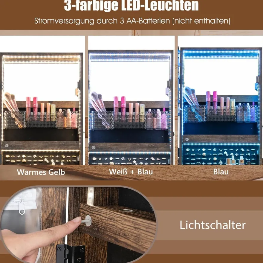 Schmuckschrank mit 3 Spiegeln, Schmuckspiegel verstellbar mit Schublade & Rollen