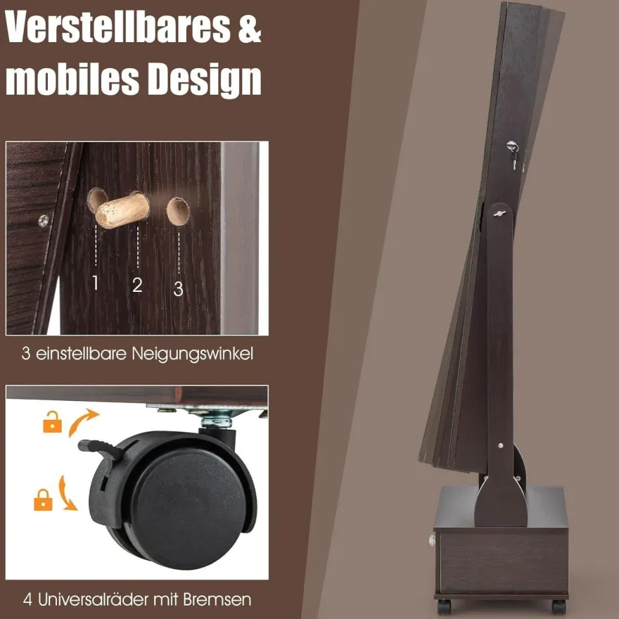 Schmuckschrank mit 3 Spiegeln, Schmuckspiegel verstellbar mit Schublade & Rollen
