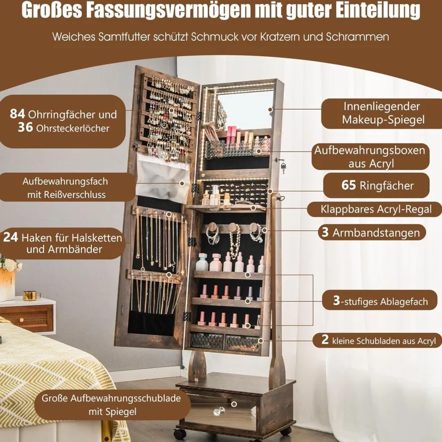 Schmuckschrank mit 3 Spiegeln, Schmuckspiegel verstellbar mit Schublade & Rollen