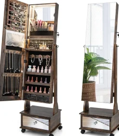 Schmuckschrank mit 3 Spiegeln, Schmuckspiegel verstellbar mit Schublade & Rollen