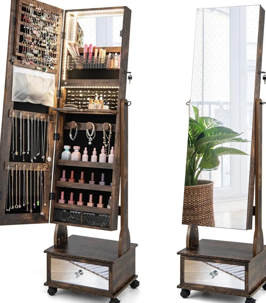 Schmuckschrank mit 3 Spiegeln, Schmuckspiegel verstellbar mit Schublade & Rollen