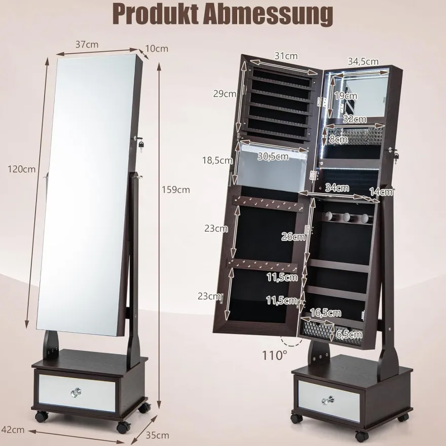 Schmuckschrank mit 3 Spiegeln, Schmuckspiegel verstellbar mit Schublade & Rollen