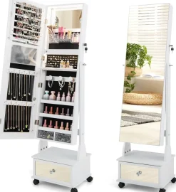 Schmuckschrank mit 3 Spiegeln, Schmuckspiegel verstellbar mit Schublade & Rollen
