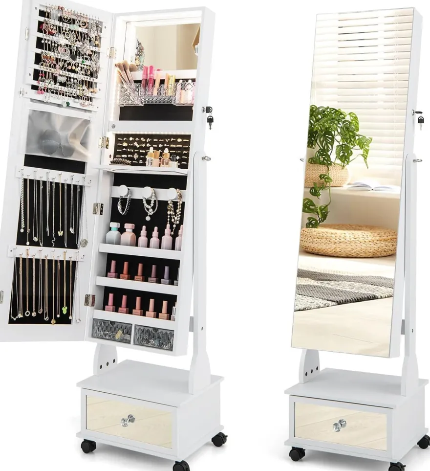 Schmuckschrank mit 3 Spiegeln, Schmuckspiegel verstellbar mit Schublade & Rollen