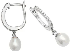 Schöne 925 Sterling Silber Damen - Paar Ohrringe mit Zirkonia, Süßwasser-Zuchtperle