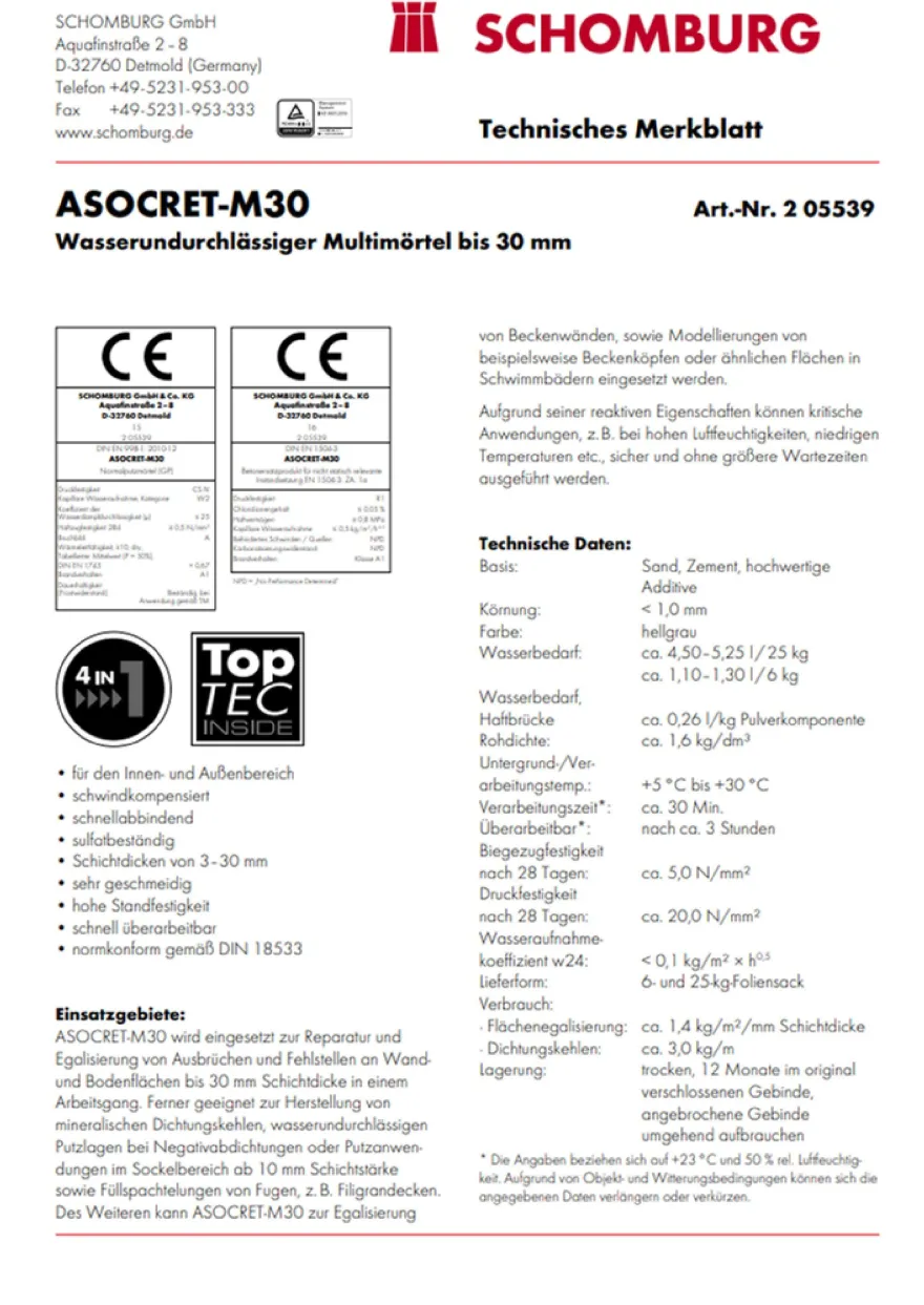 Schomburg Asocret-m30 6 kg Sockelputz, Dichtputz, Reparaturmörtel, Sperrputz