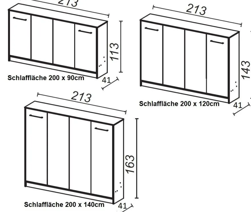Schrankbett Wandklappbett horizontal HB 90/120/140 x 200 mit Aufsatz & 2 Schränken