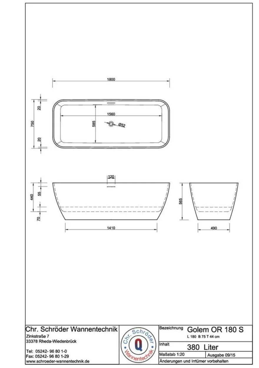 Schröder Badewanne Designwanne Golem OR 180 S 179,5x75x44/56,5 cm cremeweiß matt