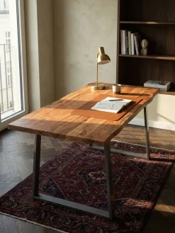 Schreibtisch TARN Akazie Massivholz Baumkante Homeoffice Trapezbeine 120-200 cm