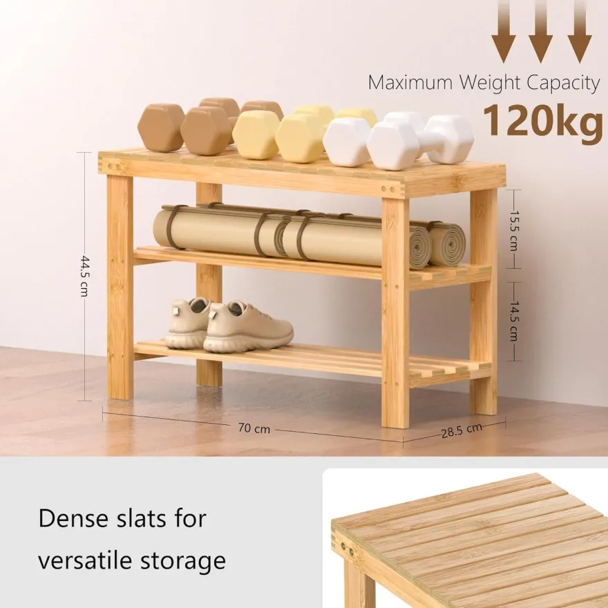 Schuhregal Bambus 3 Ablagen 70x29x45cm Sitzbank Flur Wohnzimmer Bad Diele