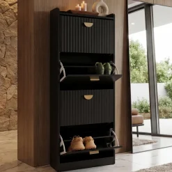 Schuhschrank HWC-O39, Schuhkipper Schuhregal 4 Klappen, MDF Melamin 148x50x24cm