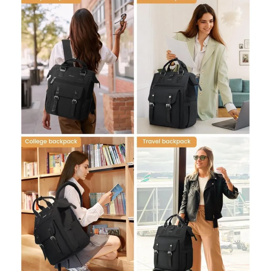 Schulrucksack Damen Mädchen Teenager 15,6 Zoll Laptop Wasserfest Schwarz