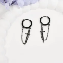 Schwarze Schwert Ohrringe Sterlingsilber Gothic Quasten Creolen Damen