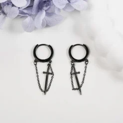 Schwarze Schwert Ohrringe Sterlingsilber Gothic Quasten Creolen Damen