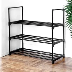 Schwarzes Schuhregal aus Metall, 3-stufig, 57 x 28 x 55 cm
