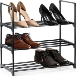 Schwarzes Schuhregal aus Metall, 3-stufig, 57 x 28 x 55 cm