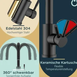 Schwarz Küchenarmatur mit Herausziehbarer Brause - 360° Schwenkbar