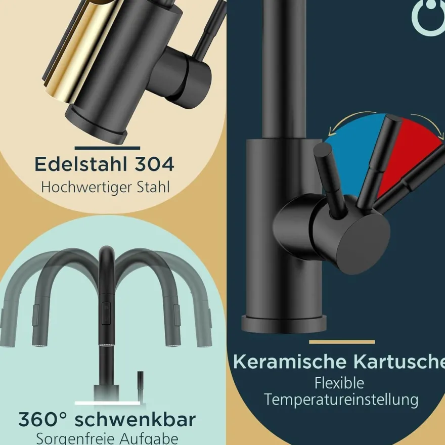 Schwarz Küchenarmatur mit Herausziehbarer Brause - 360° Schwenkbar