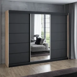 Schwebetürenschrank, 3-türig Schrank 200 cm mit 4 Schubladen, und Spiegel- Viluno 4