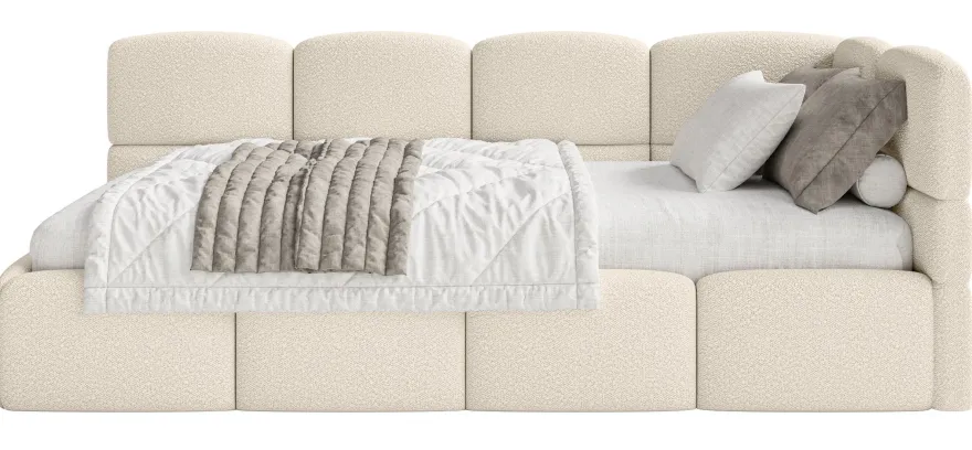 Selsey Cloudy - Jugendbett 120 cm, Bettkasten, Bouclé, Kopfteil rechts, Hellbeige