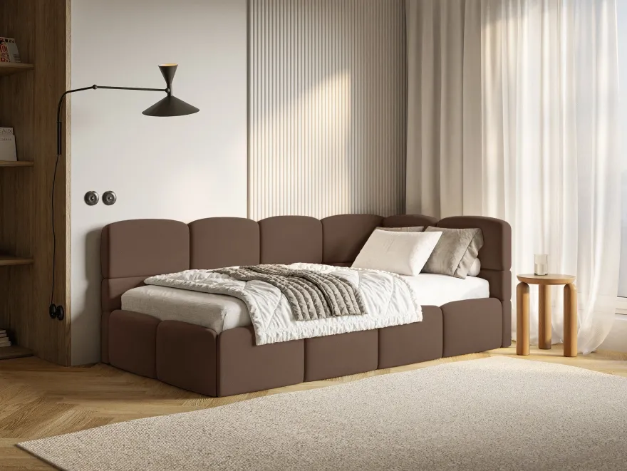 Selsey Cloudy - Jugendbett 120 cm, Bettkasten, Velours wasserabweisend, Kopfteil rech