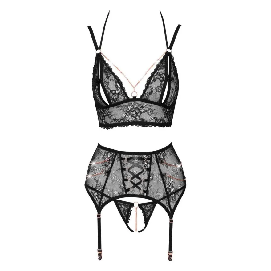 Sexy Damen Straps-Set S-XL mit Strass + Schritt offen + Elegant Dessous