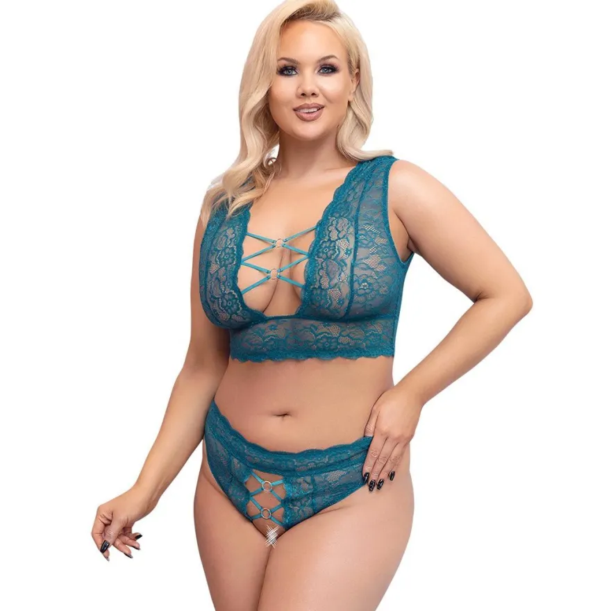 Sexy Soft BH Set XL - 4XL weiche Spitze + String Schritt offen + Dessous
