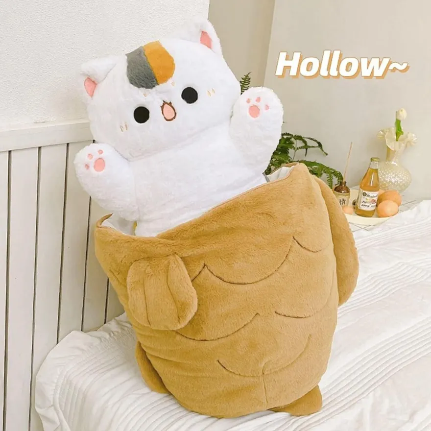 shownicer Plüschtier Katze Fisch 2 in 1 Kuschelkissen Kawaii Stofftier, 60 cm