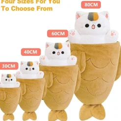 shownicer Plüschtier Katze Fisch 2 in 1 Kuschelkissen Kawaii Stofftier, 60 cm