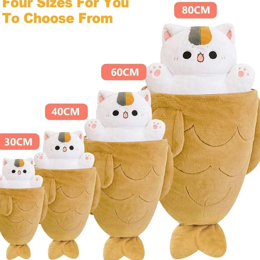 shownicer Plüschtier Katze Fisch 2 in 1 Kuschelkissen Kawaii Stofftier, 60 cm