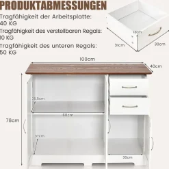 Sideboard Küchenschrank Weiß, Kücheninsel mit Arbeitsplatte 100×40cm Buffetschrank