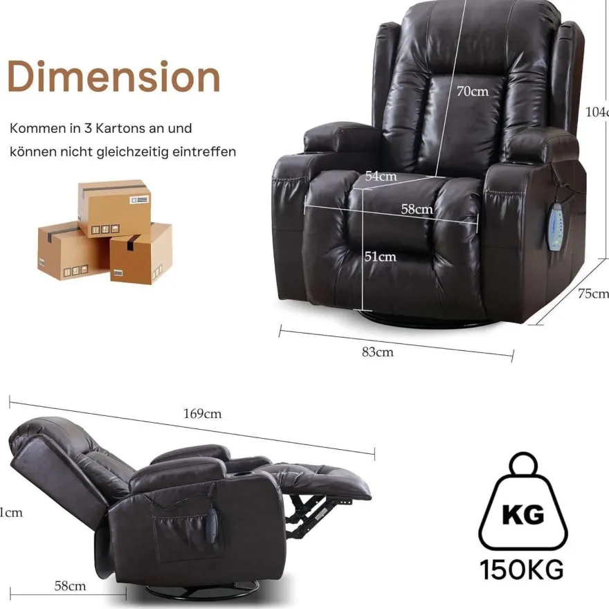 Situray Manuell Verstellbarer Relaxsessel mit Heizung, 360° Drehbar, bis 150
