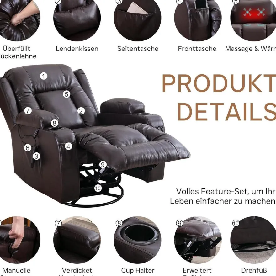 Situray Manuell Verstellbarer Relaxsessel mit Heizung, 360° Drehbar, bis 150