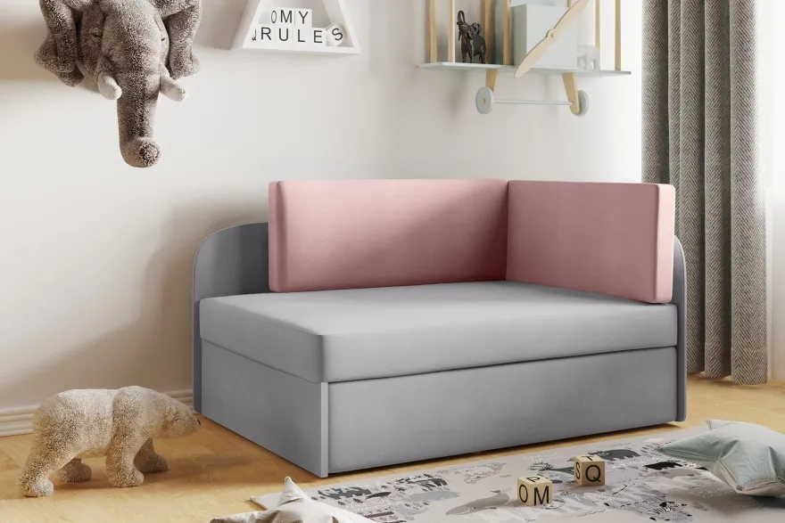 Sofa Kindersofa Schlafsofa inkl. Bettkasten MAILO Seite Links Stoff Hellgrau-Ros
