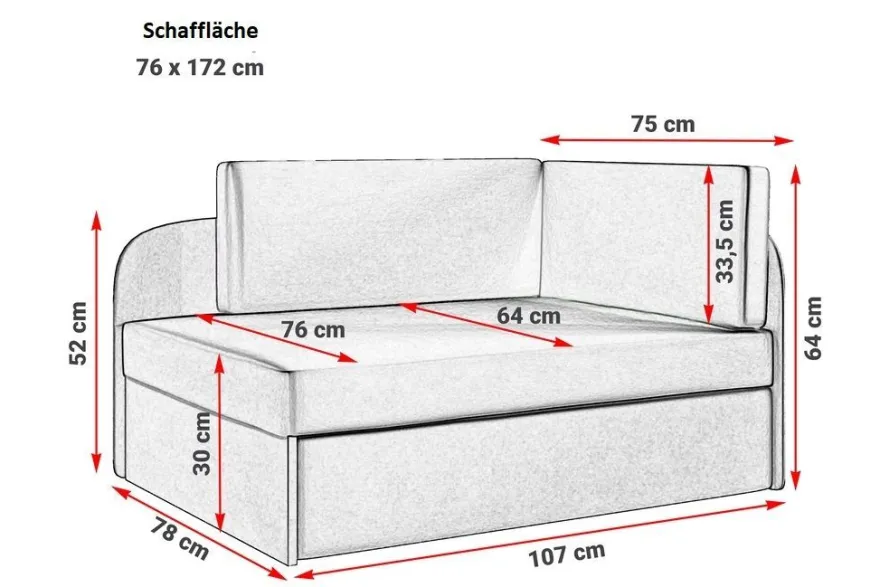 Sofa Kindersofa Schlafsofa inkl. Bettkasten MAILO Seite Links Stoff Hellgrau-Ros