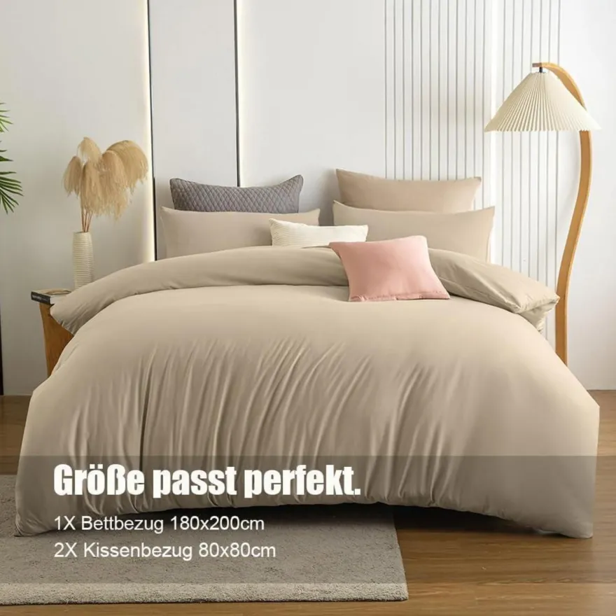 Soifox Bettwäsche 180x200 Sandy Beige Mikrofaser Bügelfrei Knitterfrei mit 2